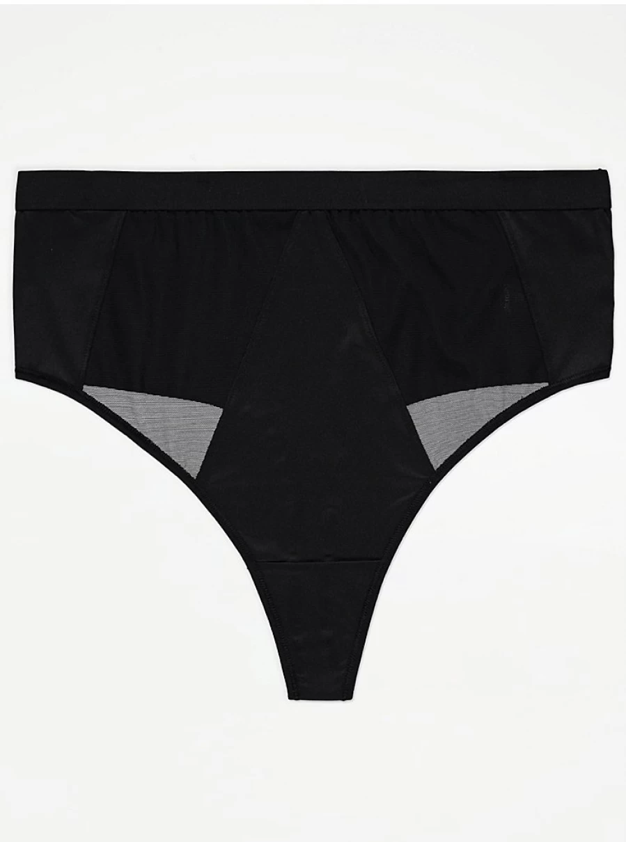George at Asda Black Mesh High Waisted Thongs 3-Pack - Comfortable Lingerie Set for Women