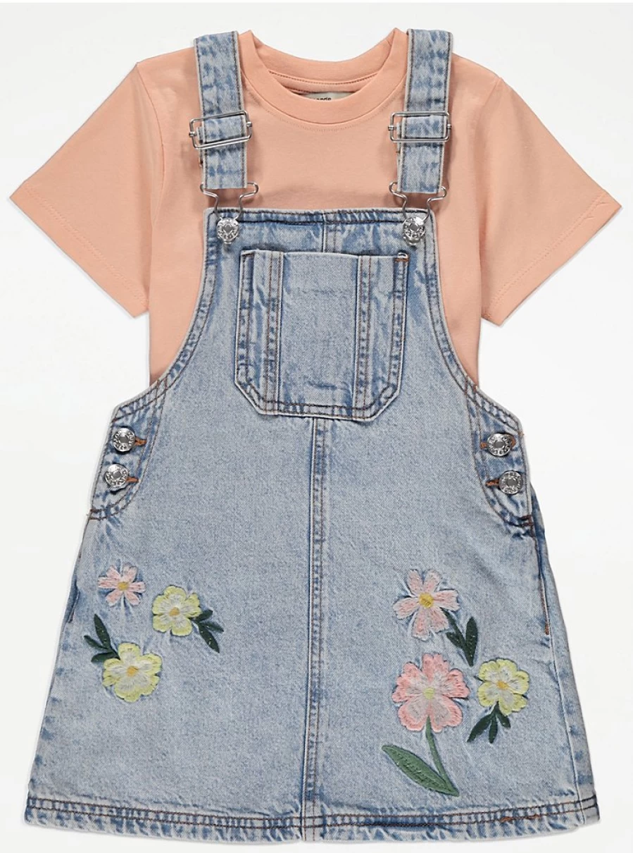 Girls Floral Embroidered Denim Pinafore & T-Shirt Set by George at Asda | Kids Outfit Review