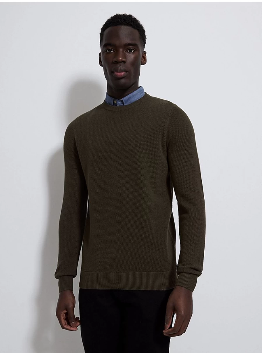 "George at Asda Men's Khaki Textured Knitted Shirt Jumper – Comfortable Mock Chambray Style"