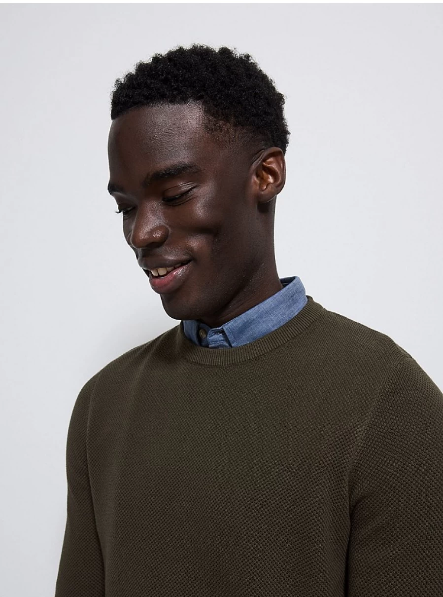 "George at Asda Men's Khaki Textured Knitted Shirt Jumper – Comfortable Mock Chambray Style"