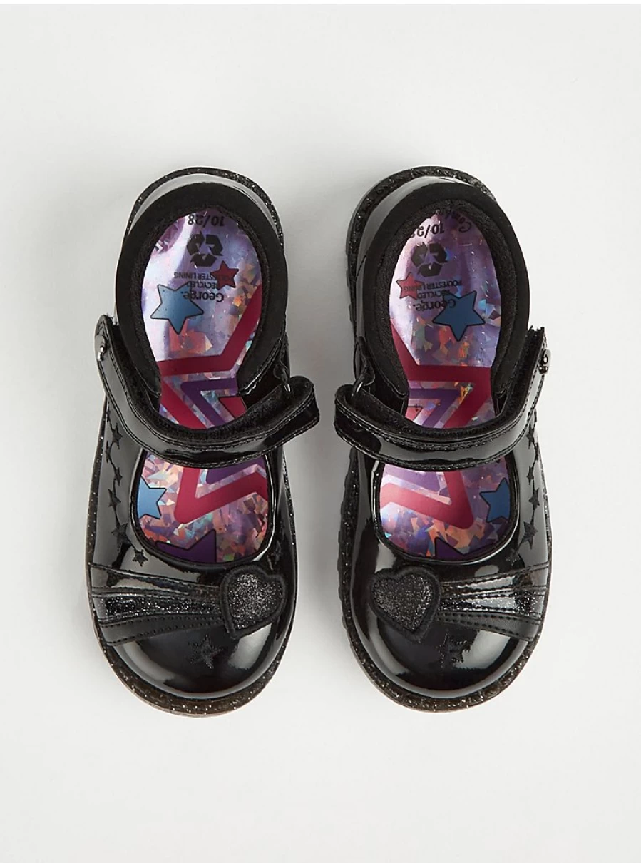 "George at Asda Black Glitter Star Chunky Patent School Shoes – Reviews & Features"