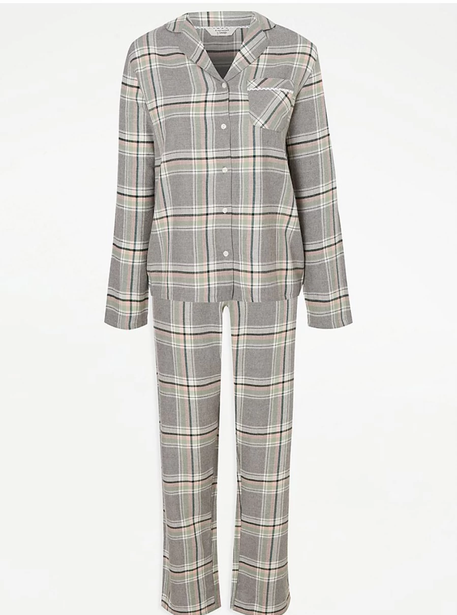 "George at Asda Grey Checked Cotton Pyjama Set for Women – Comfortable Sleepwear & Loungewear"
