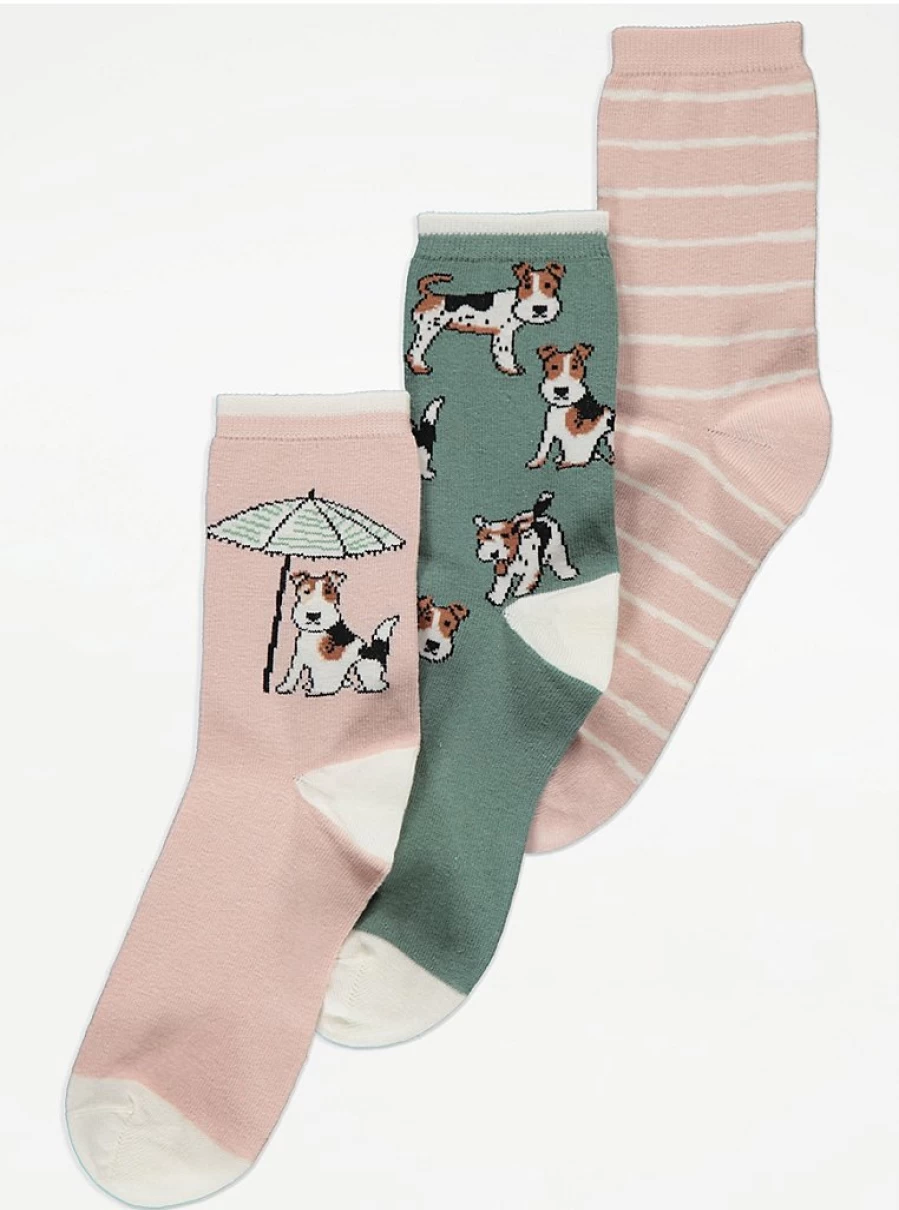 "George at Asda Striped Dog Print Ankle Socks 3 Pack - Fun Animal Design Crew Socks for Men & Women"