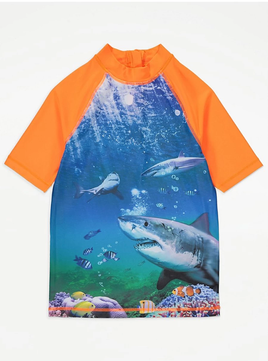 "George at Asda Boys Shark Print Short Sleeve Swim Top for Kids"