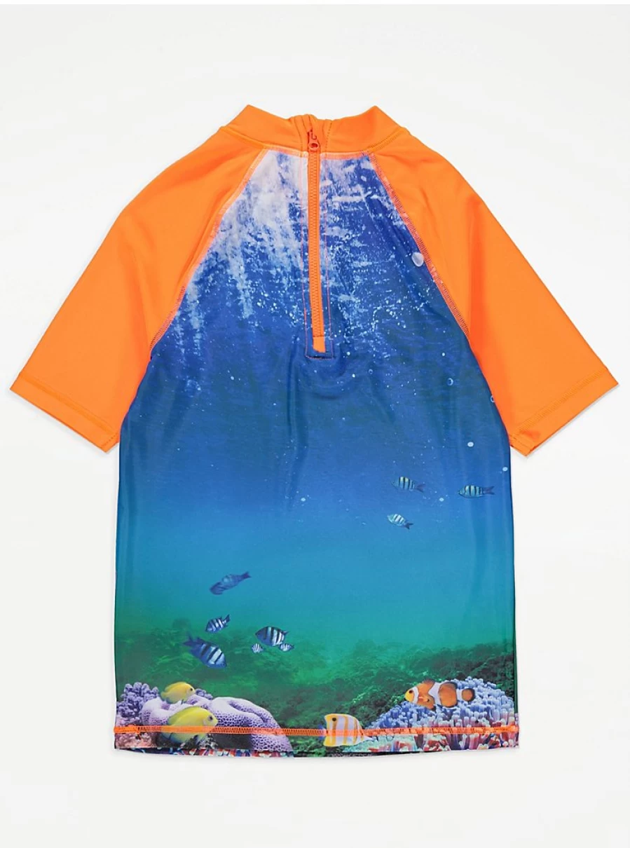 "George at Asda Boys Shark Print Short Sleeve Swim Top for Kids"