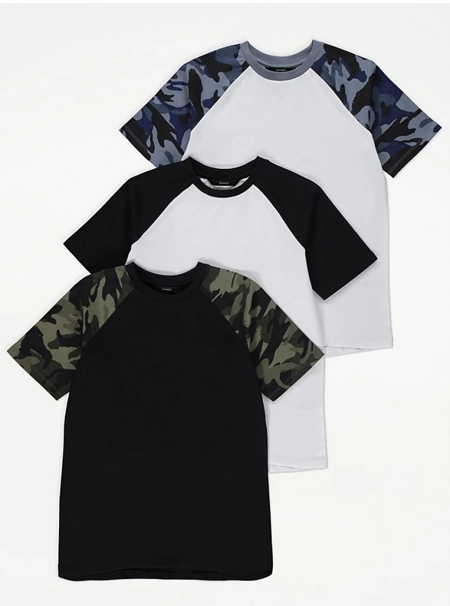 "George at Asda Boys' Camouflage Raglan T-Shirts 3-Pack | Kids' Camo Tee Set"