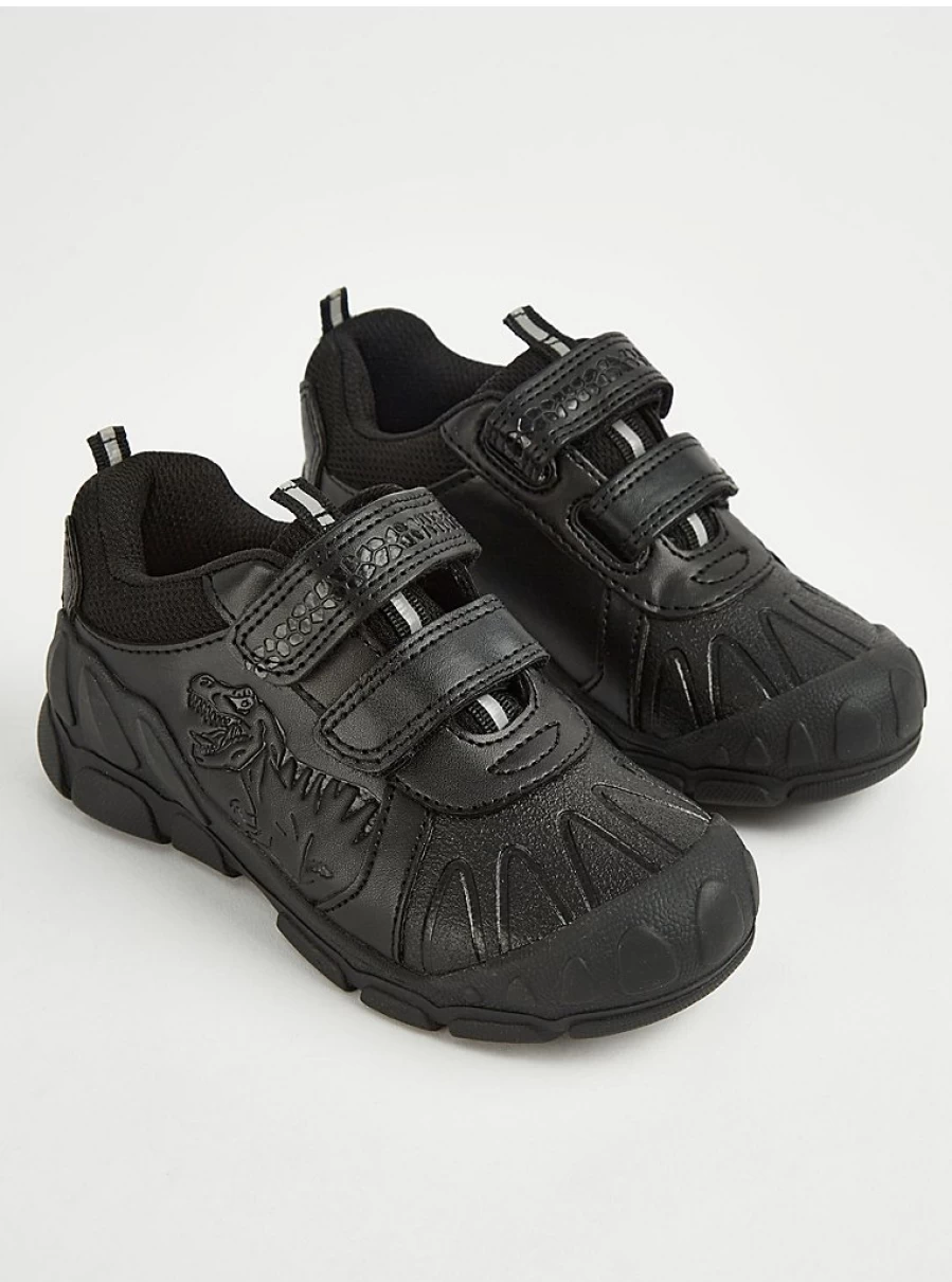 "George at Asda Wide Fit Black Two Strap Dinosaur Trainers for School – Comfortable Kids' Shoes"