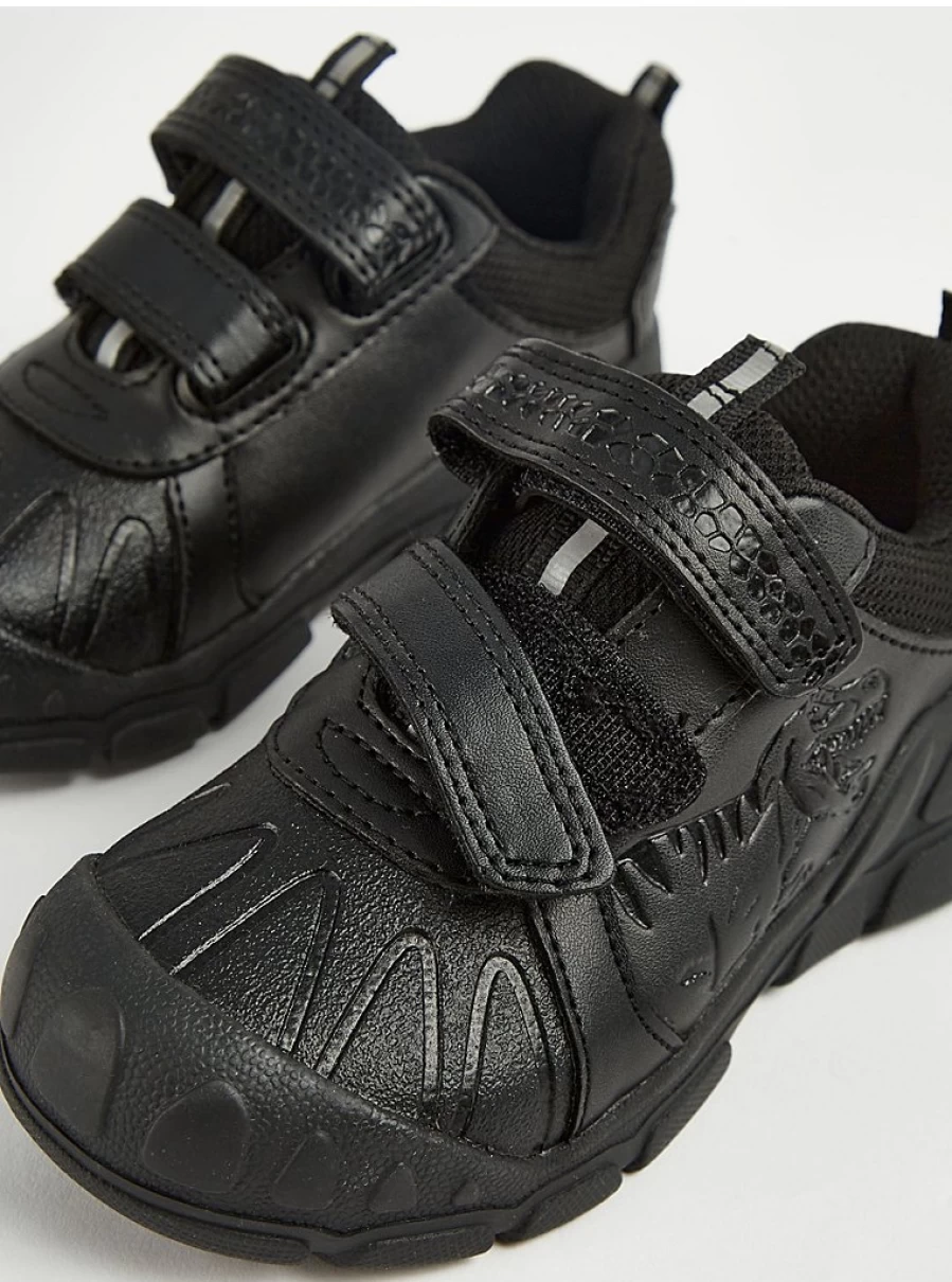 "George at Asda Wide Fit Black Two Strap Dinosaur Trainers for School – Comfortable Kids' Shoes"