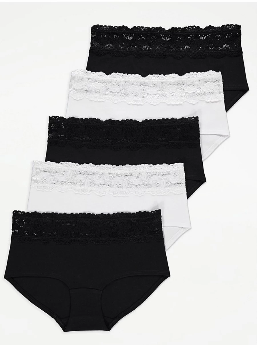 "George at Asda Black Lace Trim Short Knickers 5-Pack | Women's Lingerie Set"