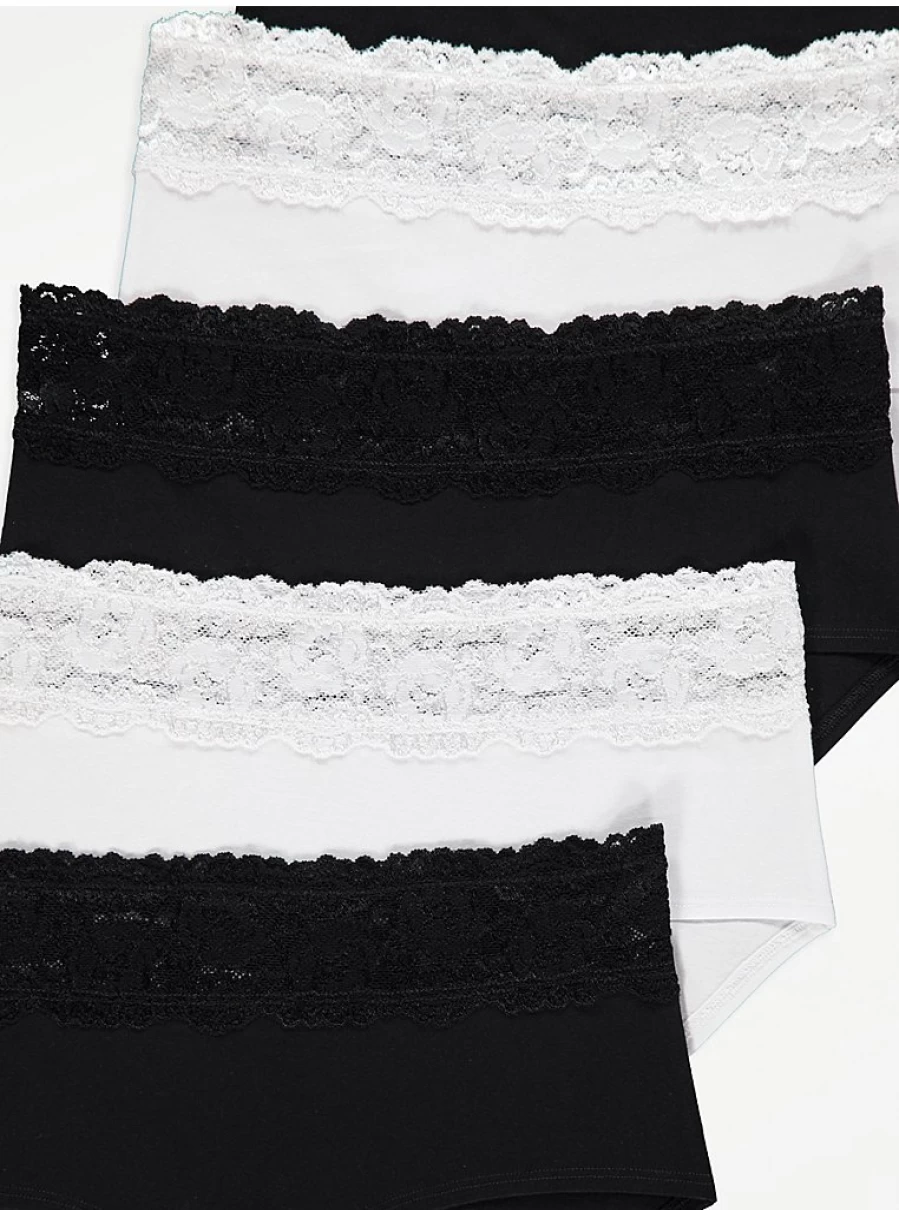 "George at Asda Black Lace Trim Short Knickers 5-Pack | Women's Lingerie Set"