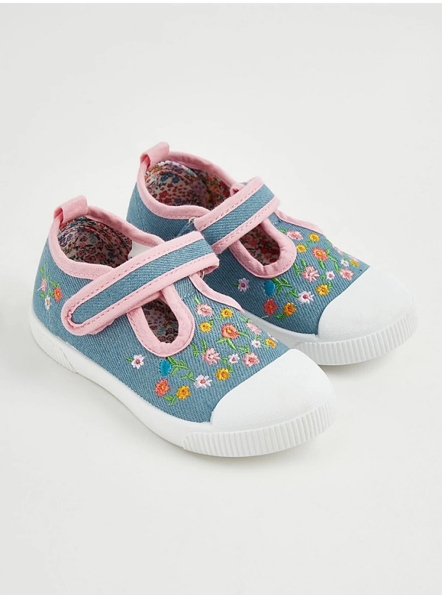 George at Asda Girls' Blue Floral Embroidered Canvas T-Bar Pumps | Kids' Fashion Shoes Review