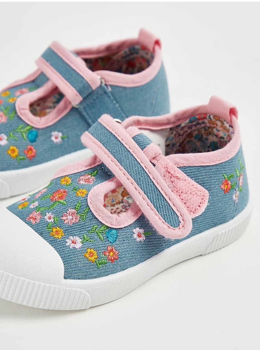 George at Asda Girls' Blue Floral Embroidered Canvas T-Bar Pumps | Kids' Fashion Shoes Review