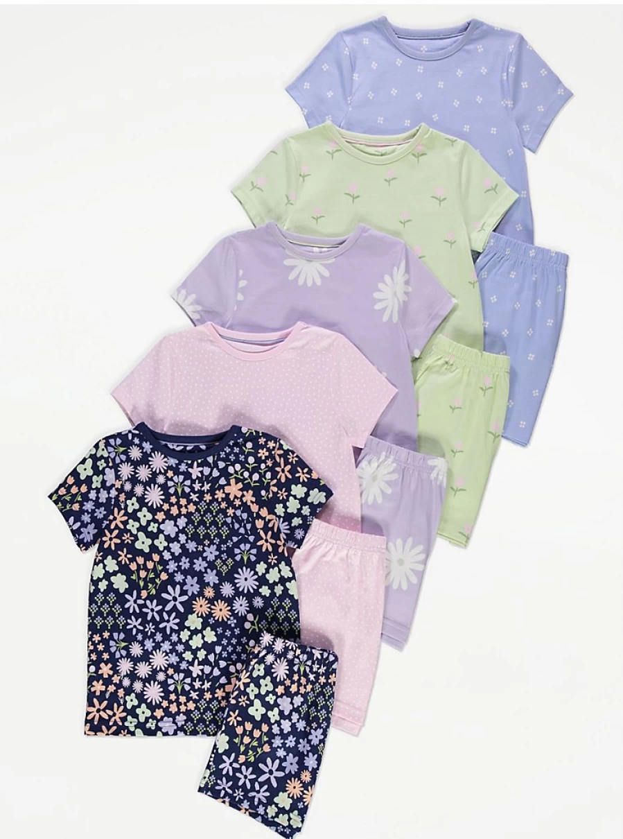 Girls' Daisy Floral Short Pyjama Set - 5 Pack | George at Asda | Comfortable & Cute Sleepwear