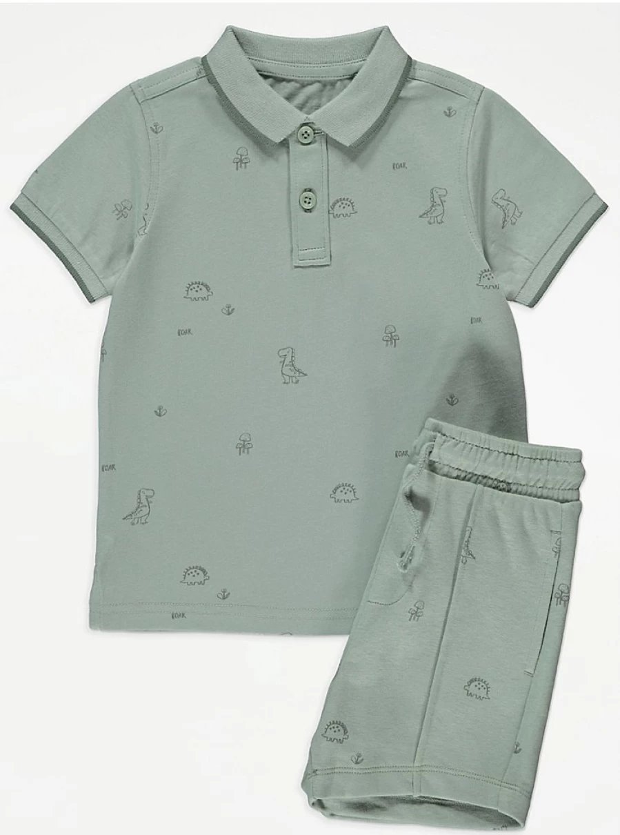 Boys' Sage Green Dinosaur Polo & Shorts Outfit Set | George at Asda Kids' Clothing