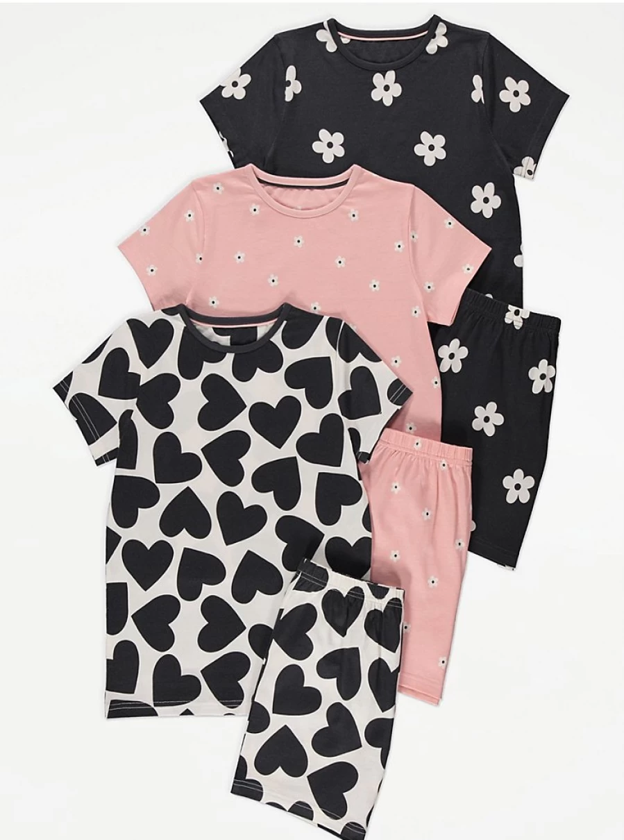 Girls' Floral Heart Short Pyjamas 3-Pack | George at Asda | Comfort & Style