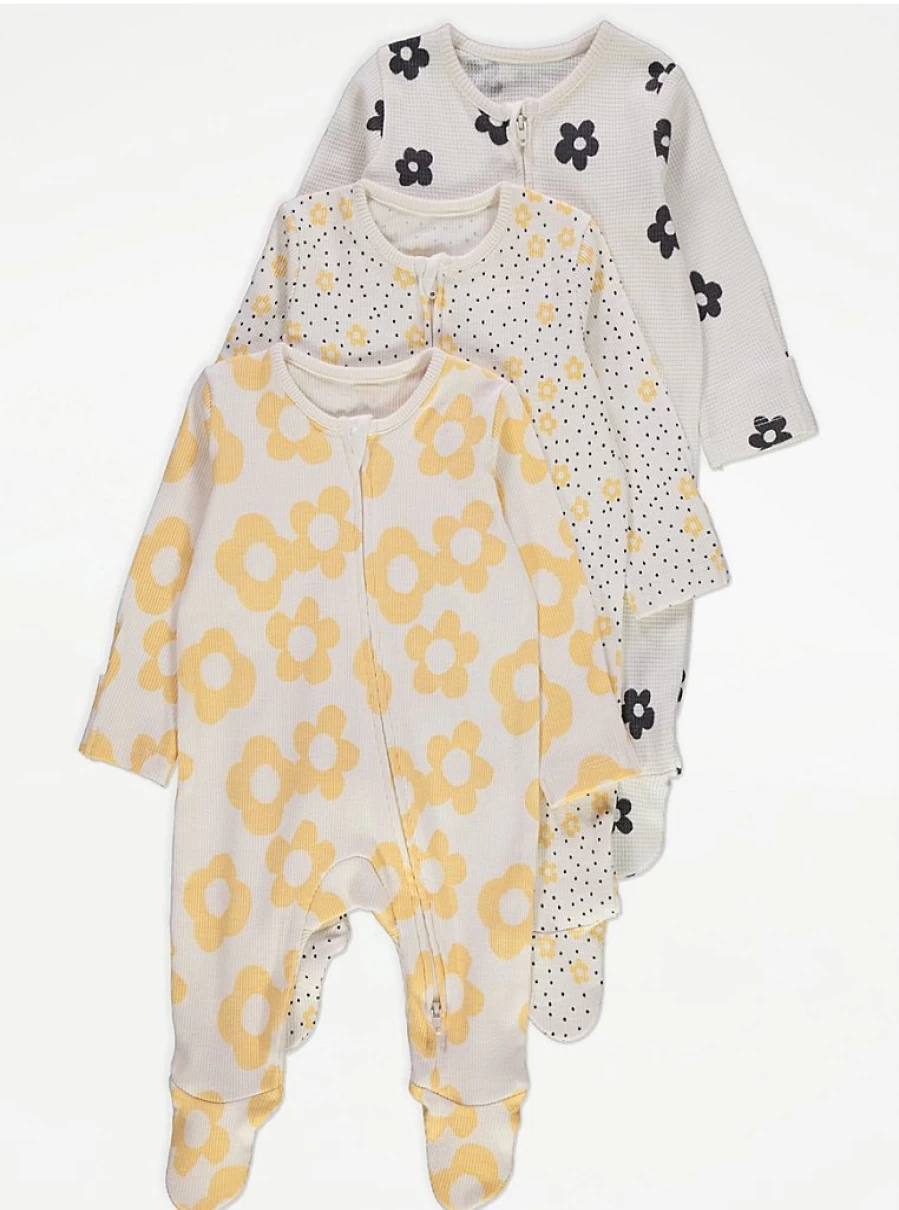 George at Asda Baby Sleepsuits 3 Pack - Daisy Spotty Design with 2-Way Zip Fastening