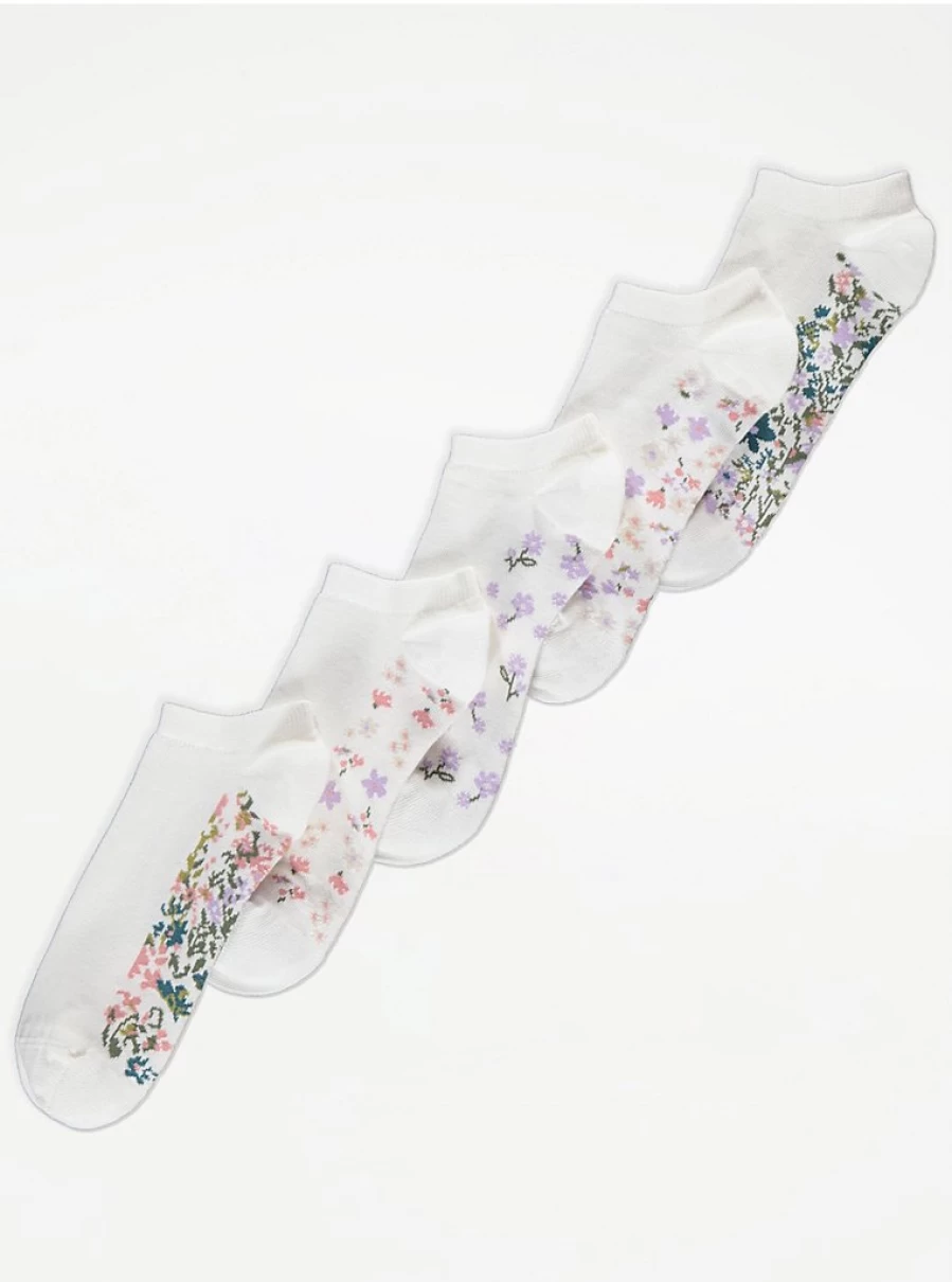 George at Asda White Floral Trainer Liner Socks 5 Pack - Breathable Comfort Socks for Women