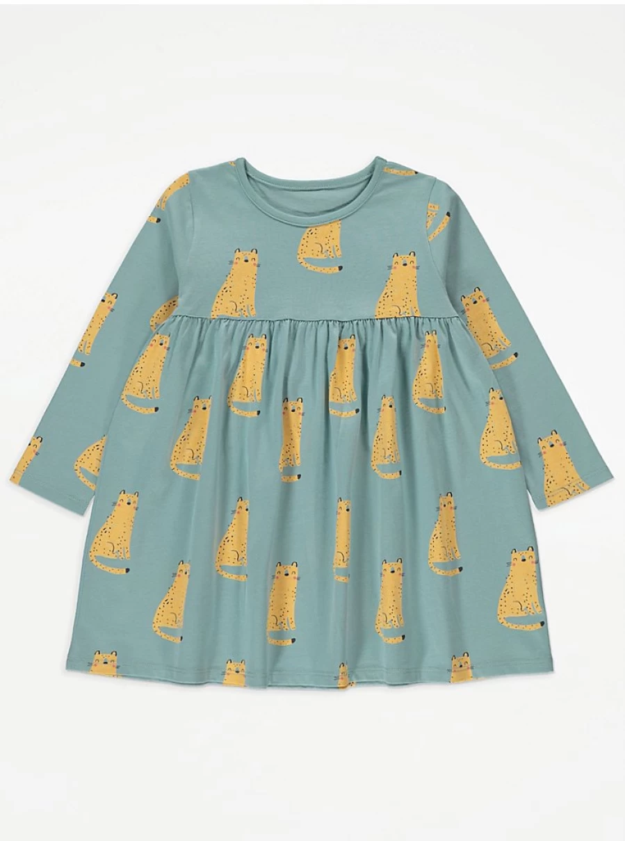 Girls' Sage Green Cheetah Print Long Sleeve Jersey Dress | George at Asda