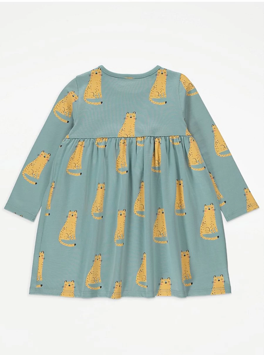 Girls' Sage Green Cheetah Print Long Sleeve Jersey Dress | George at Asda