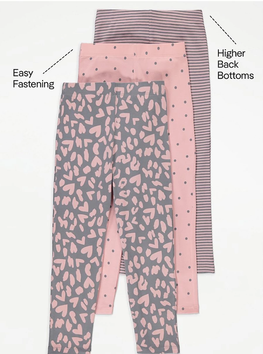 George at Asda Kids' Easy-On Adaptive Leggings 3-Pack - Pink Patterned Stretchy Comfort (Toddler & Children's Sizes)