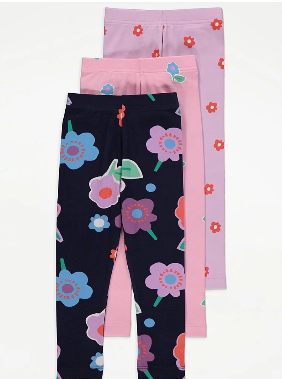 "George at Asda Kids' Bright Fun Floral Leggings 3-Pack | Colorful Printed Leggings for Girls"