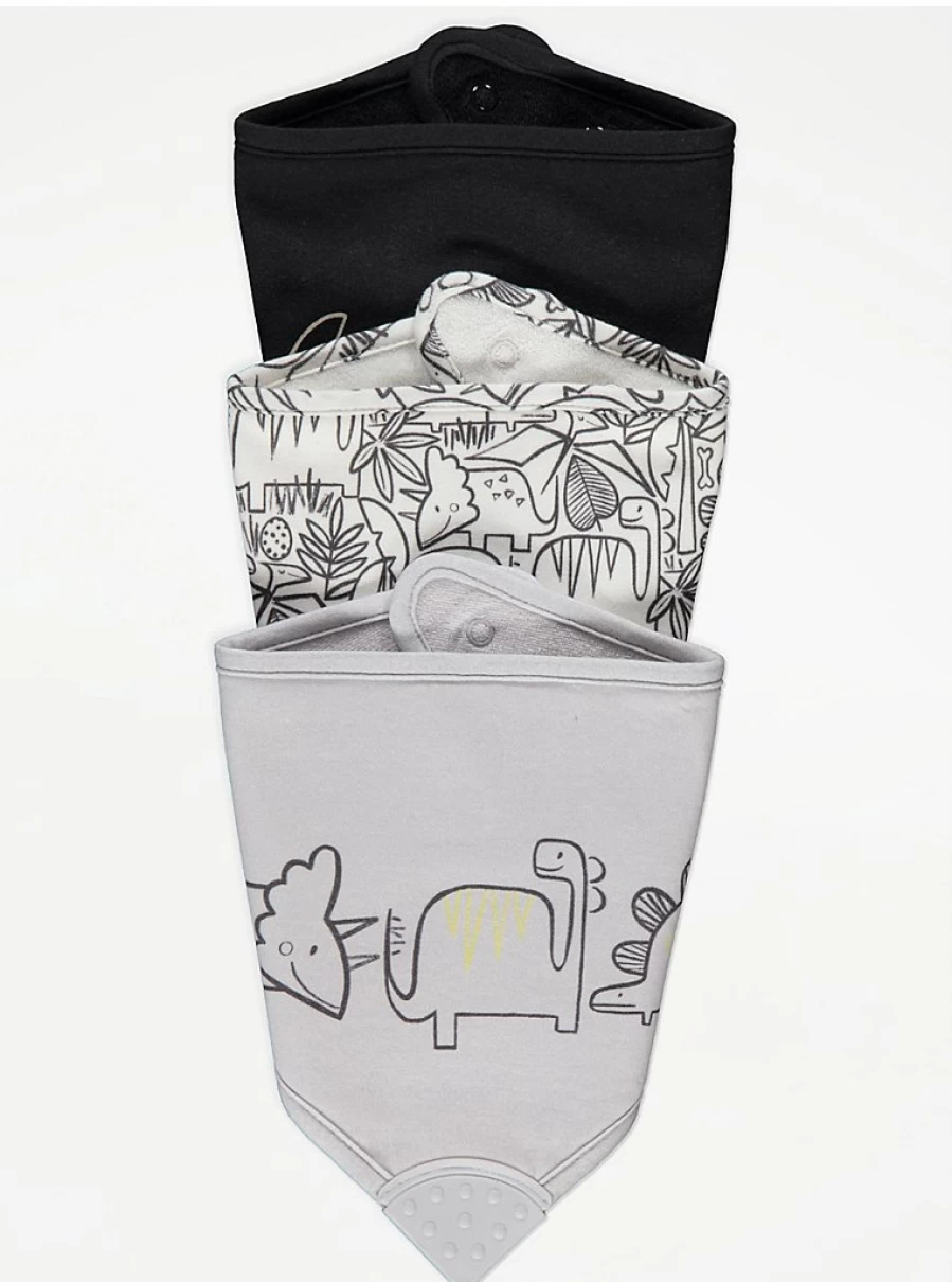 George at Asda Jungle Dinosaur Teething Bibs 3 Pack - Soft Baby Drool Bibs for Toddlers & Infants