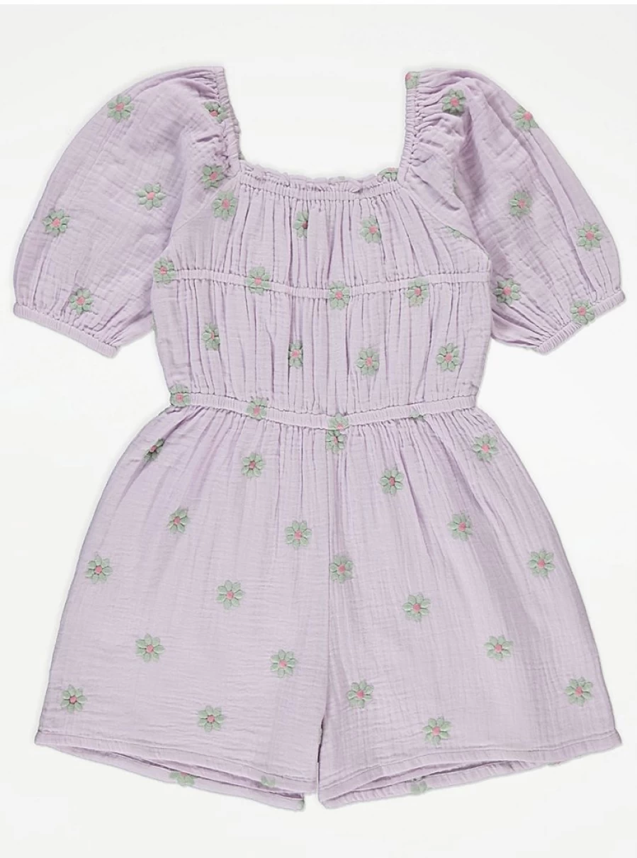 "George at Asda Girls Lilac Floral Embroidered Puff Sleeve Playsuit | Kids' Summer Outfit Review"