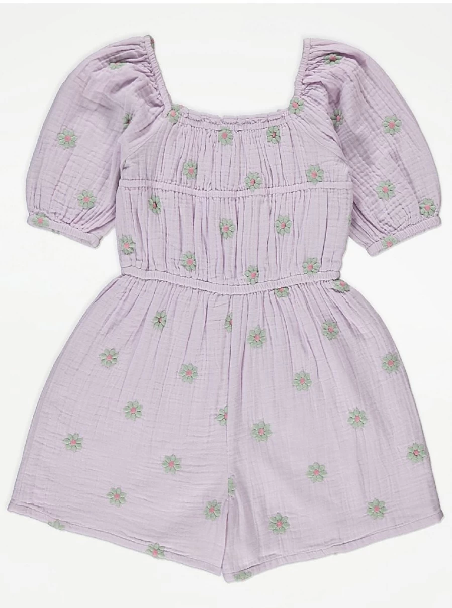 "George at Asda Girls Lilac Floral Embroidered Puff Sleeve Playsuit | Kids' Summer Outfit Review"