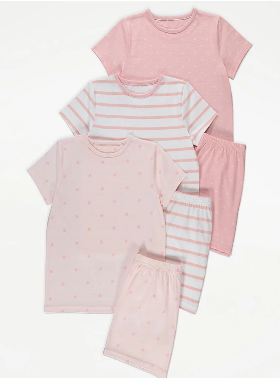 Girls' Pink Polka Dot & Striped Short Pyjama 3-Pack | George at Asda | Comfortable Kids' Sleepwear
