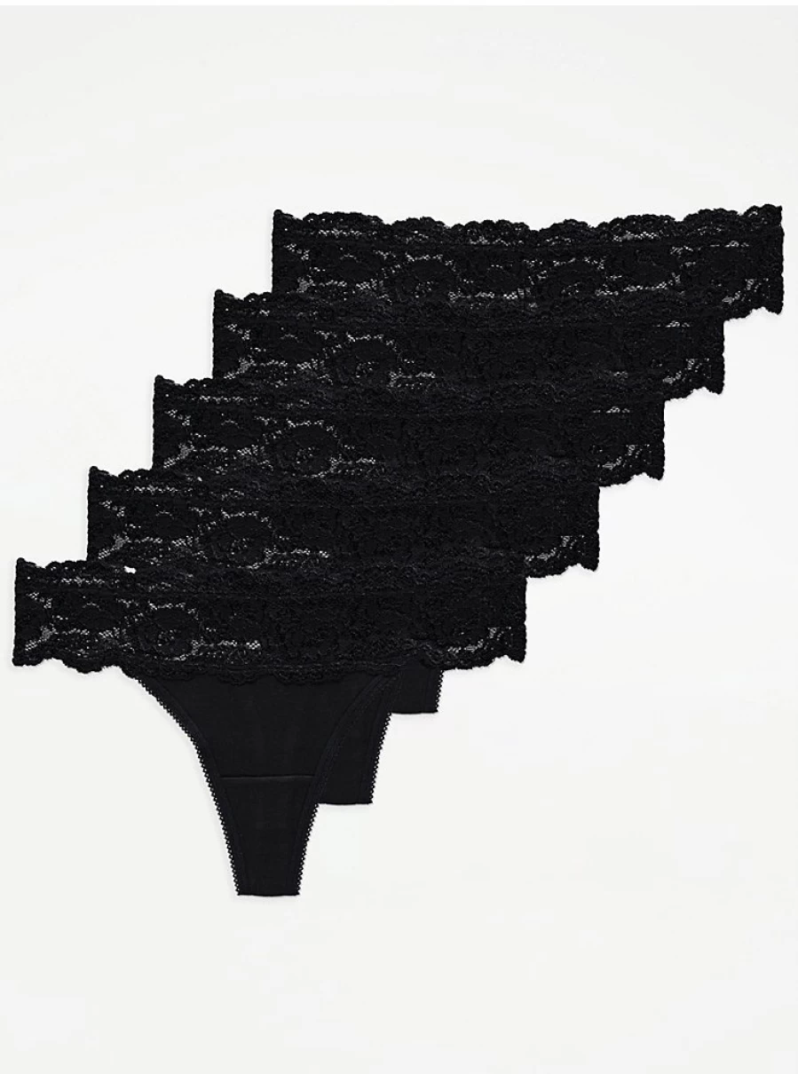 George at Asda Black Lace Thongs 5-Pack - Comfortable Women's Lingerie Set