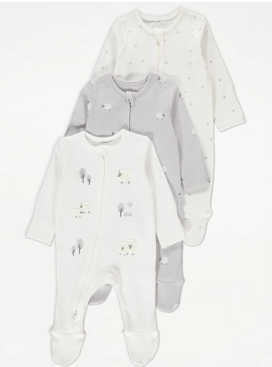 George at Asda Baby Sheep 2-Way Zip Up Sleepsuits 3-Pack | Soft & Cozy Pajama Set for Infants