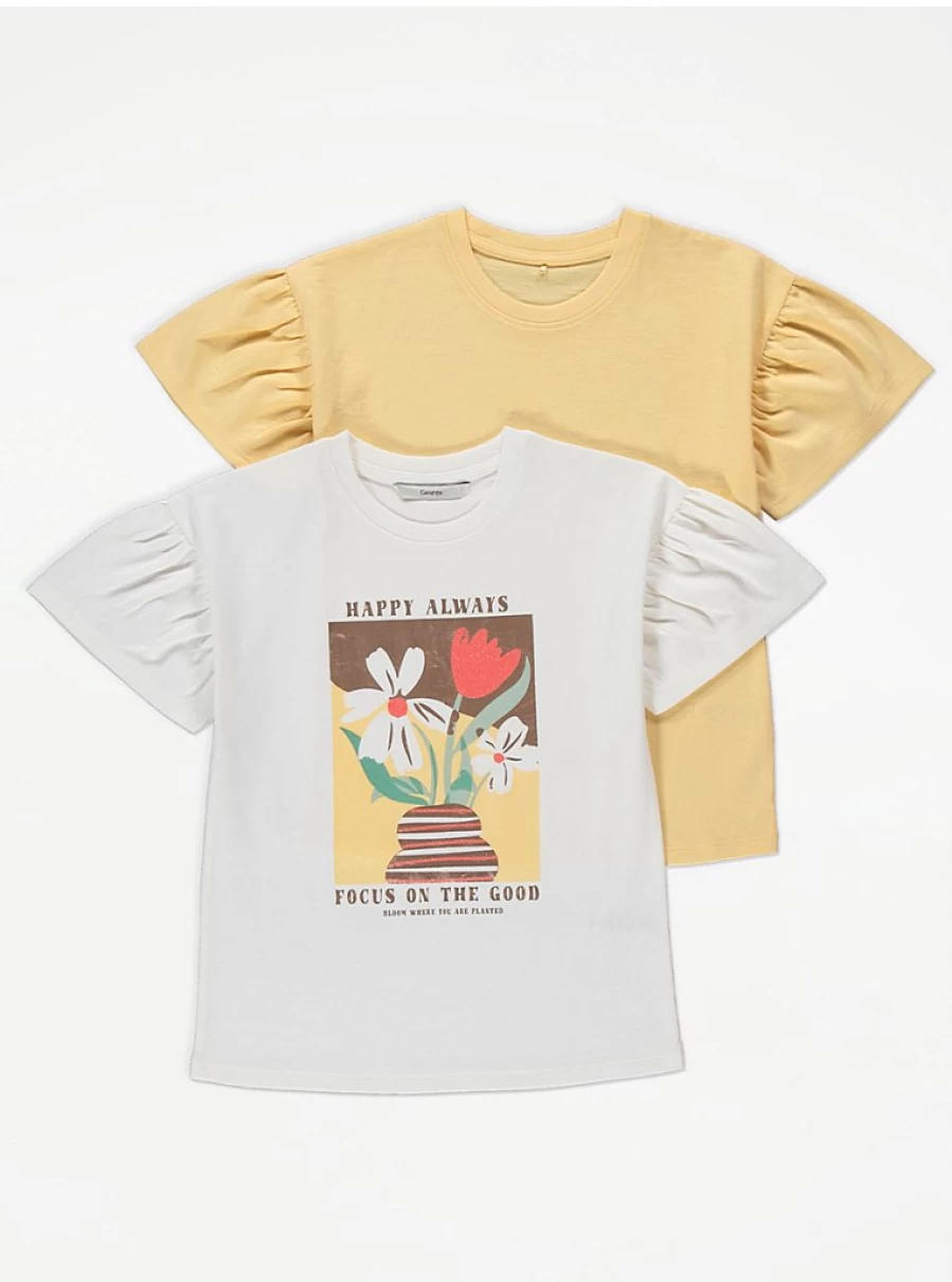 George at Asda Girls' Gold Floral Print T-Shirts 2-Pack - Bloom Foil Design Kids Tees