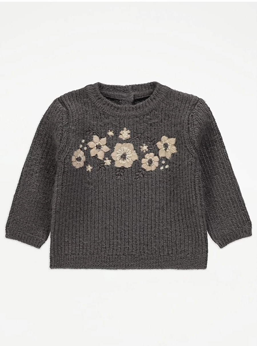 "George at Asda Baby Grey Ribbed Knit Jumper with Floral Embroidery – Reviews & Details"