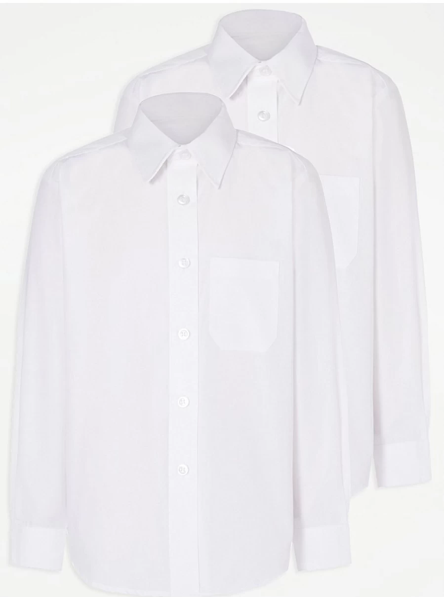 "George at Asda Girls' Plus Size White Long Sleeve School Shirts 2-Pack – Comfort Fit Uniform Tops"