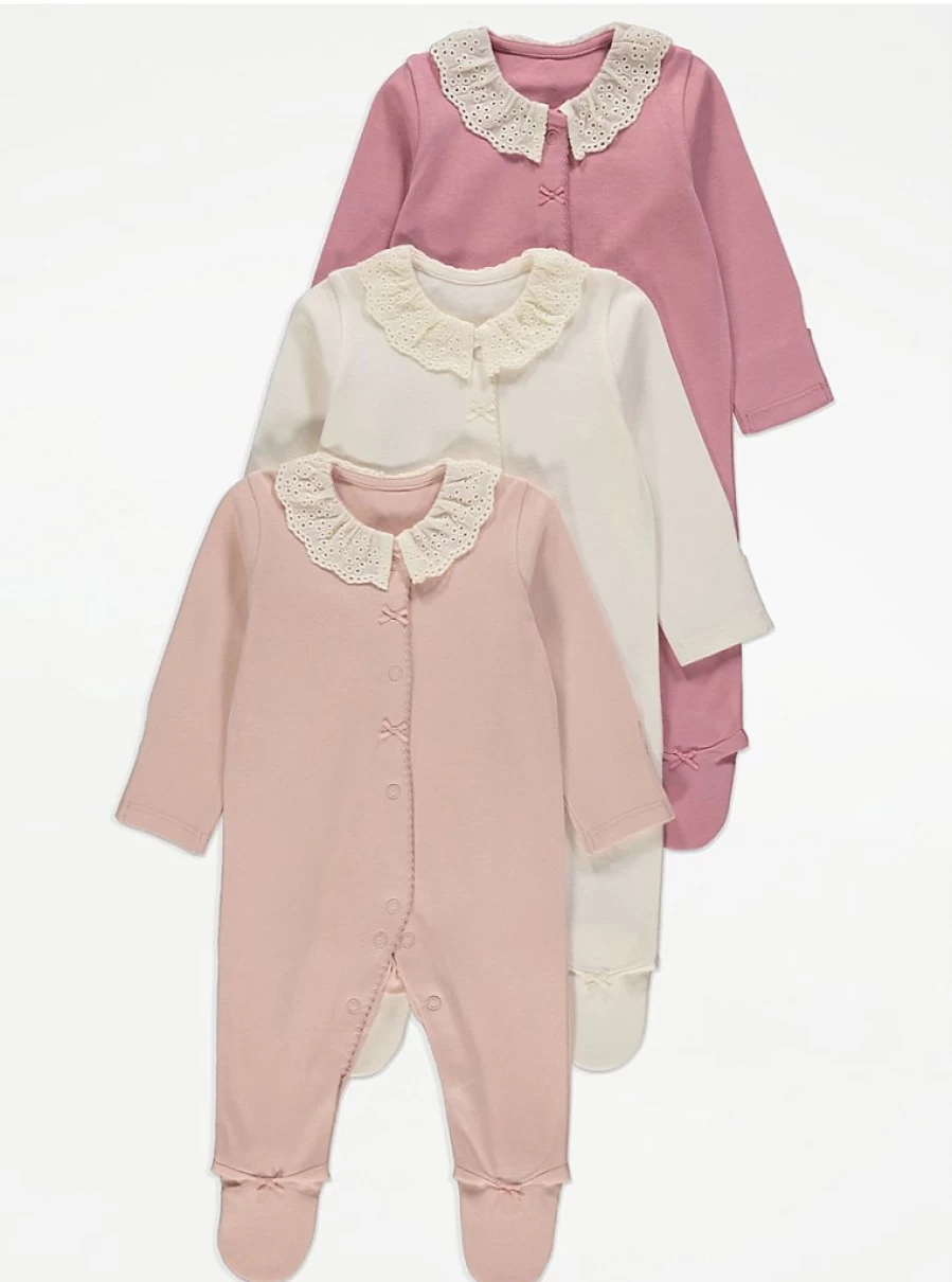 George at Asda Baby Boys/Girls Broderie Collar Sleepsuits 3-Pack - Soft Cotton PJ Set