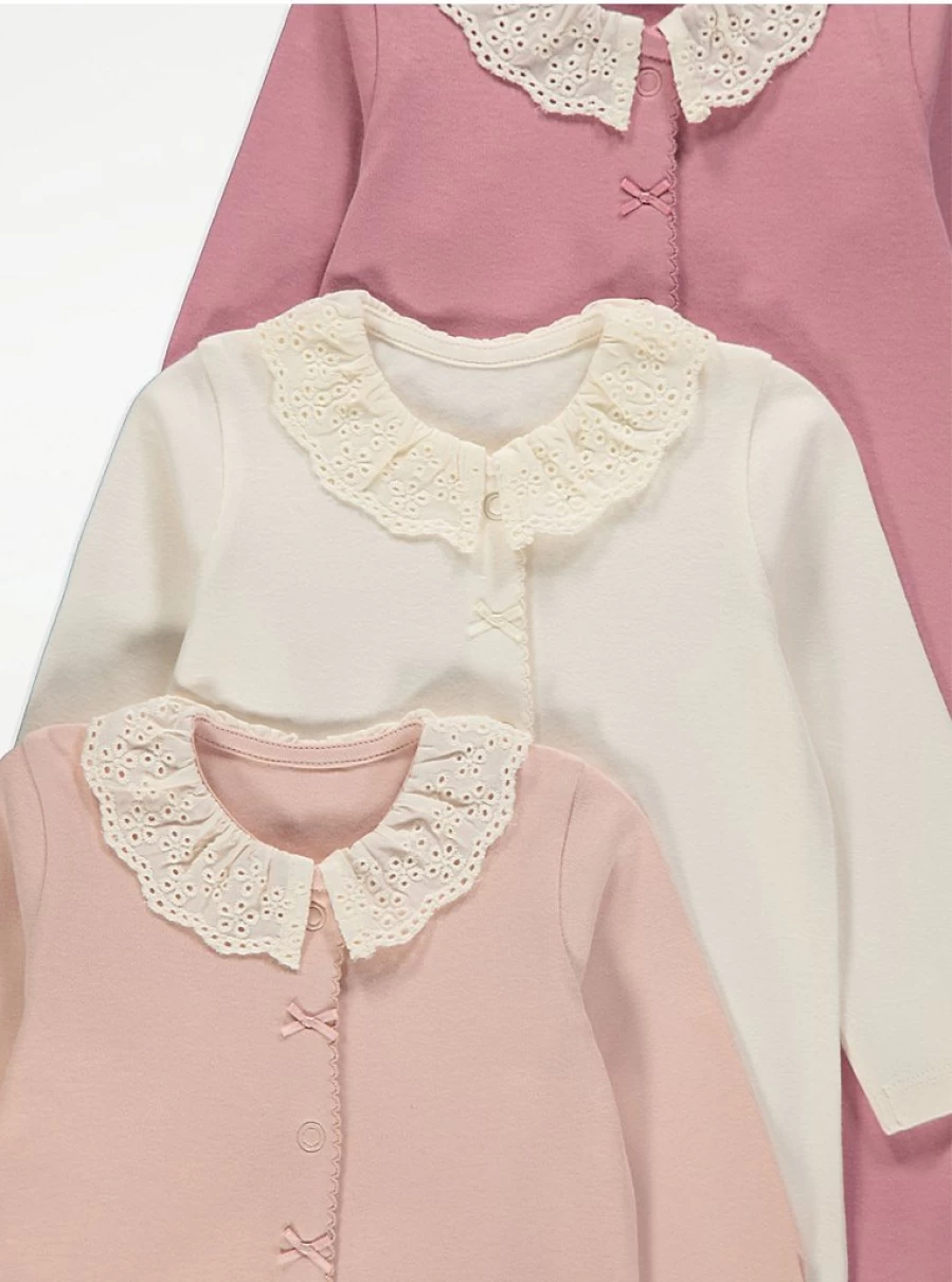 George at Asda Baby Boys/Girls Broderie Collar Sleepsuits 3-Pack - Soft Cotton PJ Set