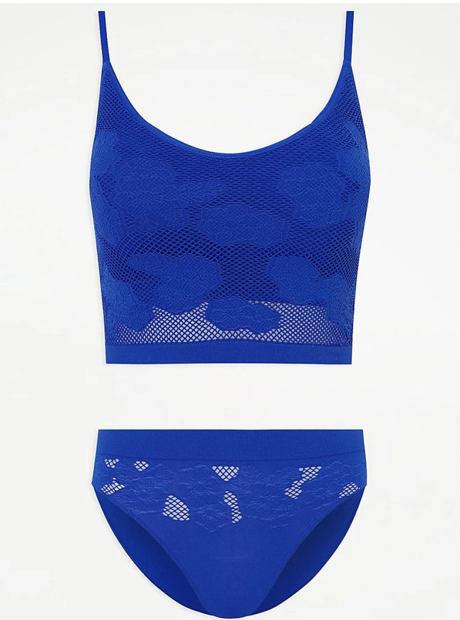 "Cobalt Blue Floral Lace Bralette and Knickers Set | George at Asda Lingerie Review"