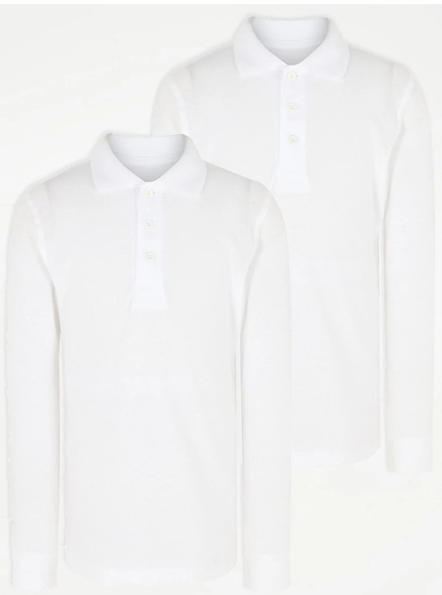 "George at Asda Men's White Regular Fit Long Sleeve Polo Shirts 2-Pack for School & Work"