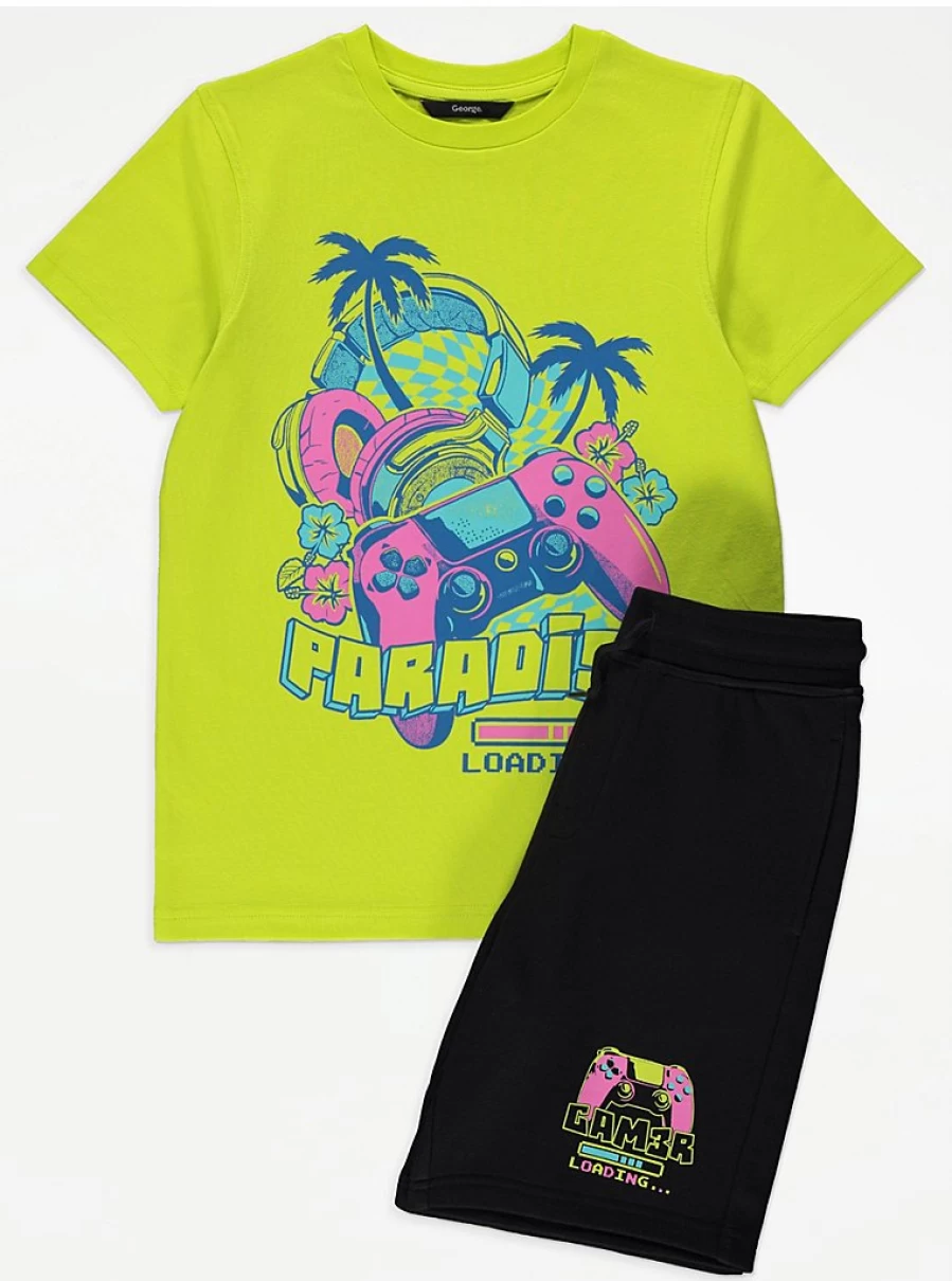 "George at Asda Boys' Bright Green Gamer Graphic T-Shirt and Shorts Set"