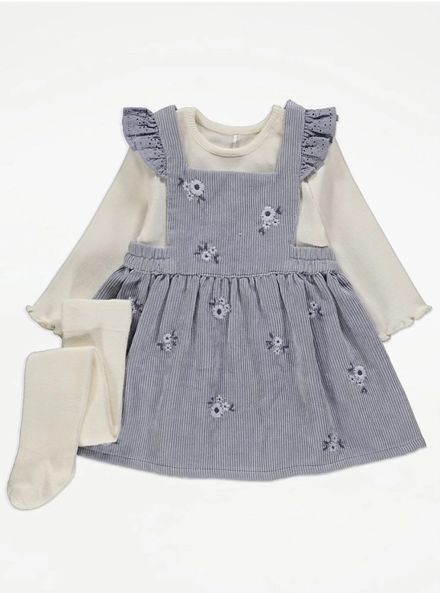 "George at Asda Baby Blue Floral Embroidered Pinafore Bodysuit & Tights Outfit Review"