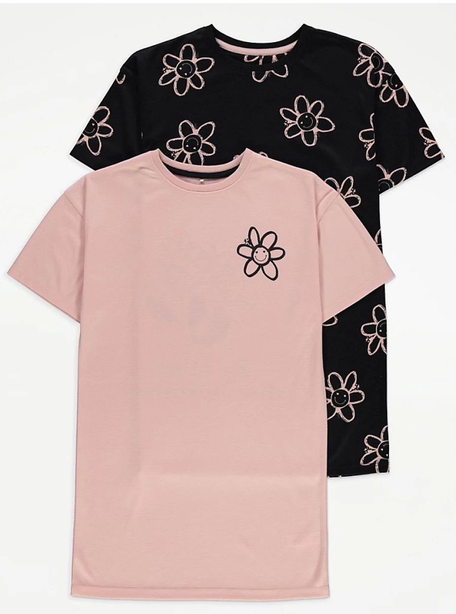 "George at Asda Girls' Smiley Flower Nightdresses 2 Pack | Comfortable Kids' Pajama Set"