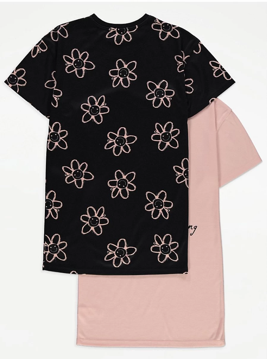 "George at Asda Girls' Smiley Flower Nightdresses 2 Pack | Comfortable Kids' Pajama Set"