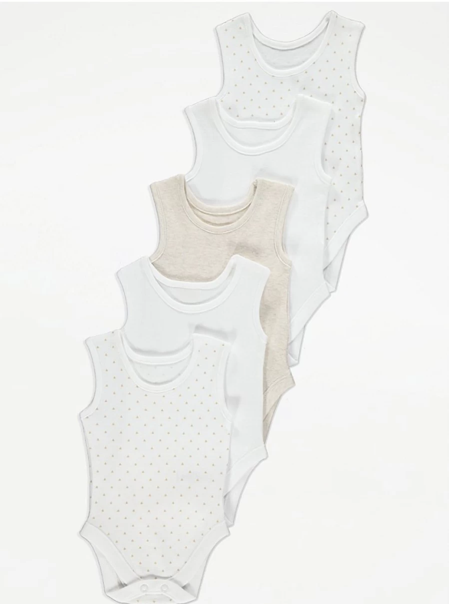 George at Asda Baby Girls' 5-Pack White Mini Triangle Print Sleeveless Bodysuits - Soft Cotton Onesies for Infants