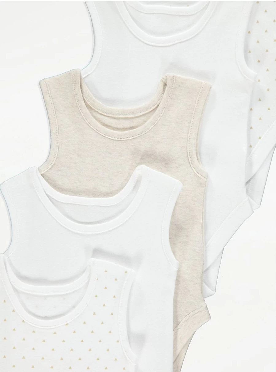George at Asda Baby Girls' 5-Pack White Mini Triangle Print Sleeveless Bodysuits - Soft Cotton Onesies for Infants