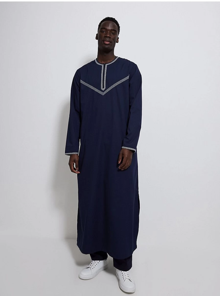 Men's Navy Embroidered Full-Length Thobe | Traditional Islamic Robe | George at Asda