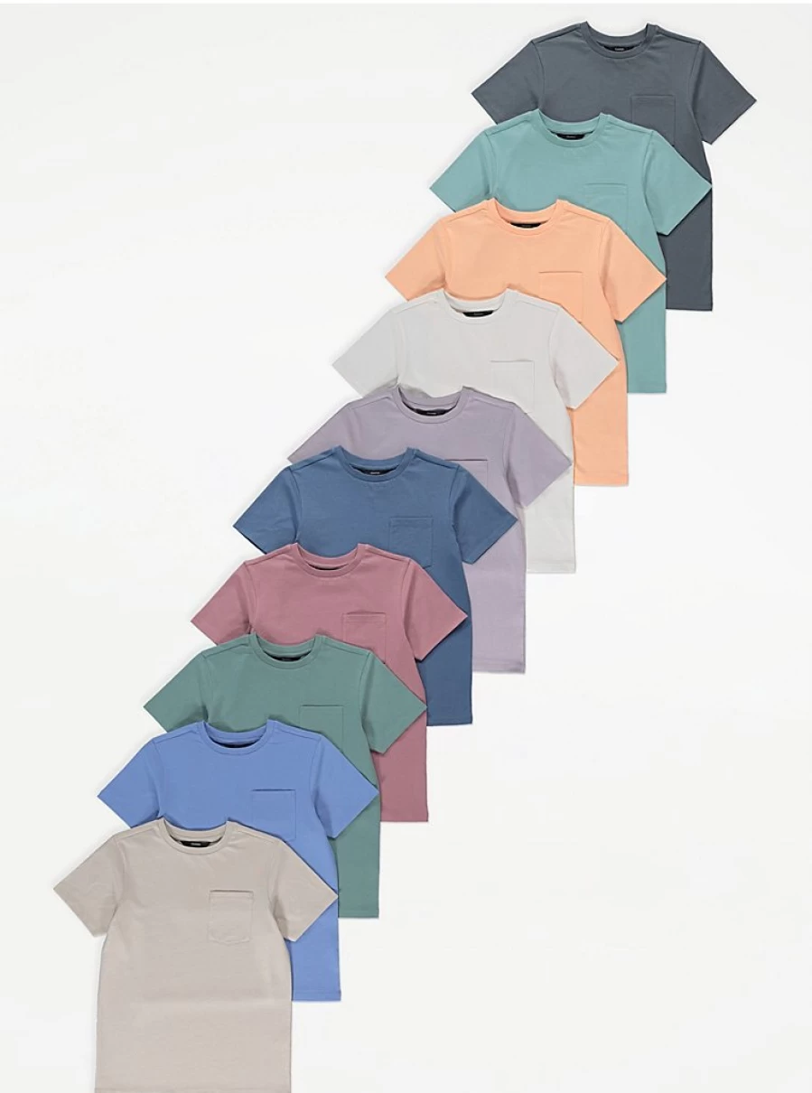 "George at Asda Girls Pastel Pocket T-Shirts 10 Pack | Soft Cotton Kids Tees"
