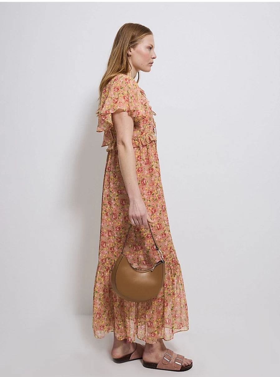 "George at Asda Women's Orange Floral Chiffon Midi Dress with Frill Details"