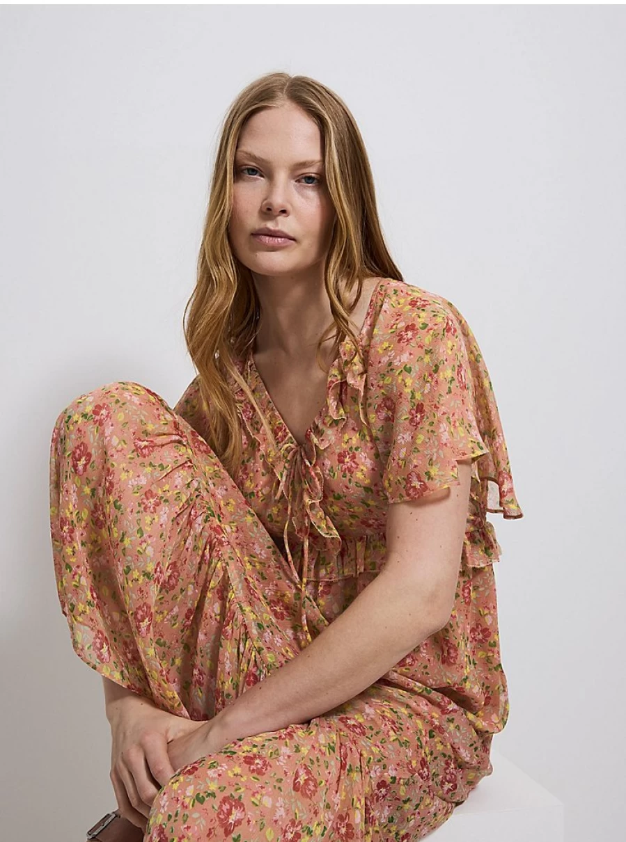 "George at Asda Women's Orange Floral Chiffon Midi Dress with Frill Details"
