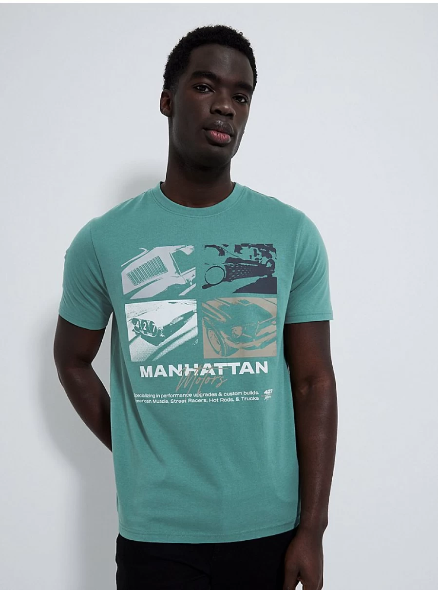 George at Asda Men's Green Manhattan Motors Graphic Printed Cotton T-Shirt
