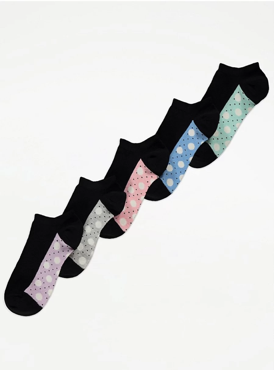 George at Asda Black Spotty Colour Block Trainer Liner Socks 5 Pack - Comfortable & Stylish Multipack Socks for Men & Women